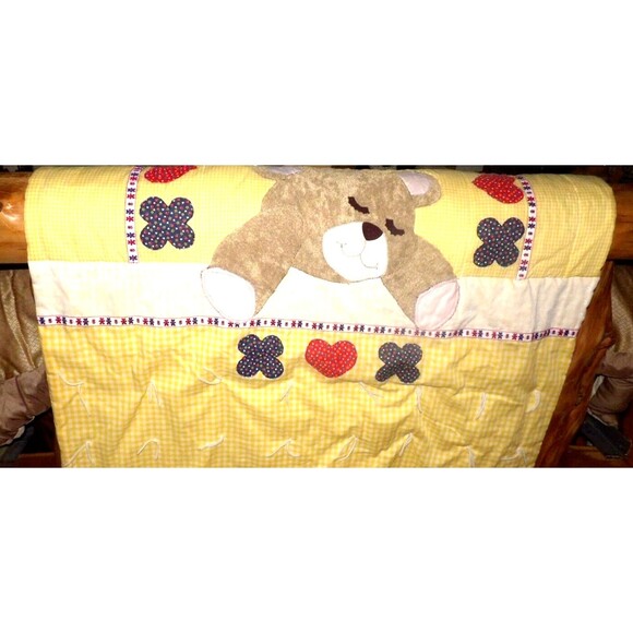 Gingham Goose 1970s Baby Quilt Blanket Handmade Teddy Bear RARE HTF Vintage Crib - Picture 2 of 10
